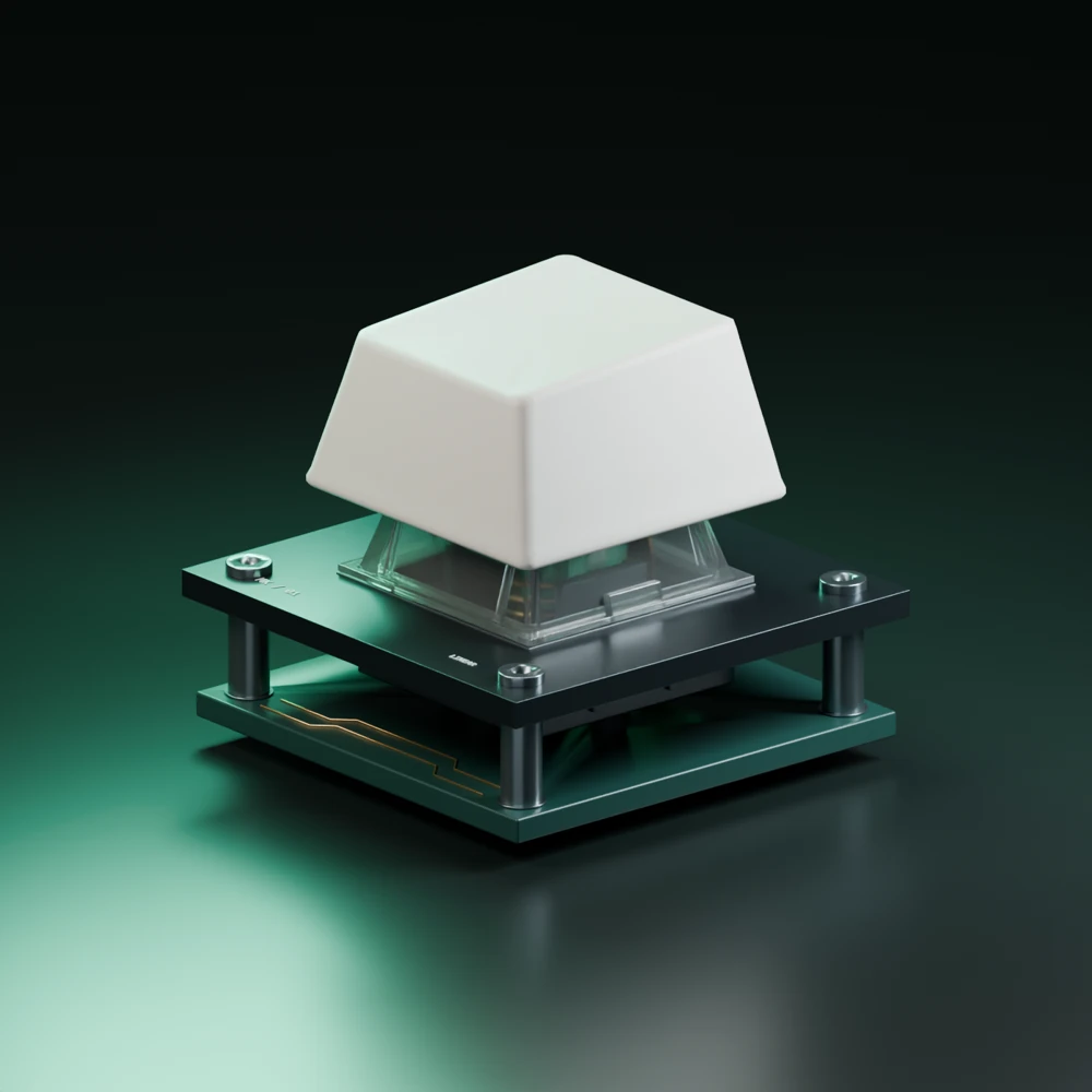 A mechanical key switch with a translucent housing and green stem.